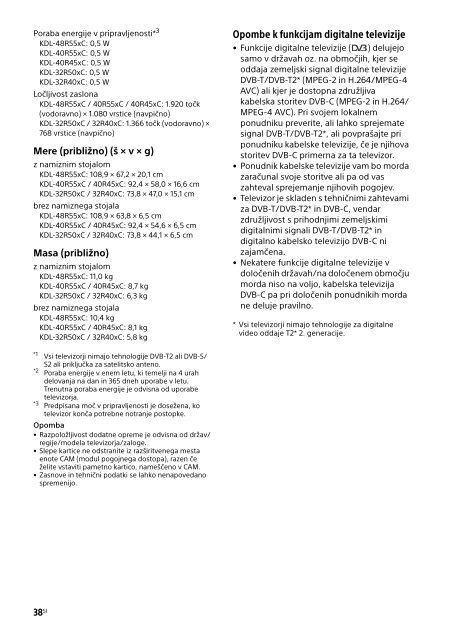 Sony KDL-40R455C - KDL-40R455C Mode d'emploi Slov&eacute;nien