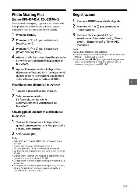 Sony KDL-40R455C - KDL-40R455C Mode d'emploi Italien