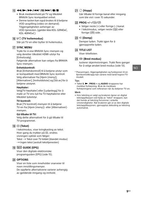 Sony KDL-40R455C - KDL-40R455C Mode d'emploi Norv&eacute;gien