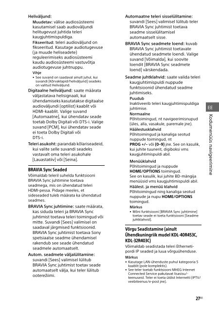 Sony KDL-40R455C - KDL-40R455C Mode d'emploi Estonien