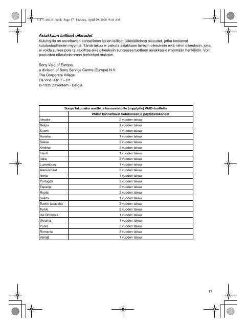 Sony VGN-SR11MR - VGN-SR11MR Documents de garantie Finlandais