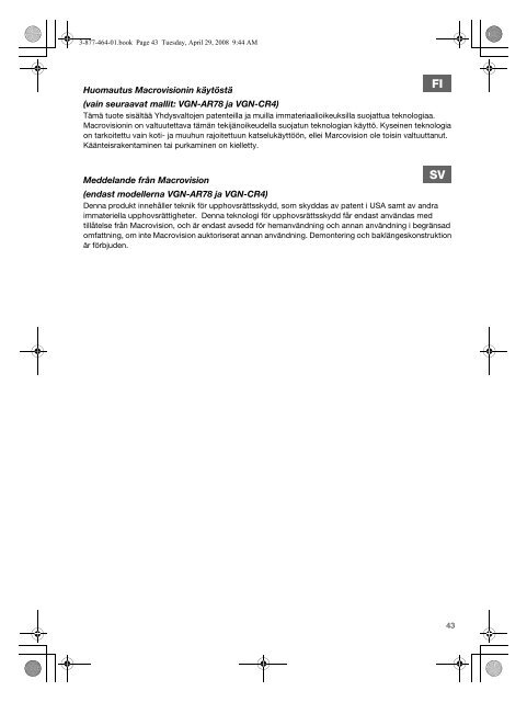 Sony VGN-SR11MR - VGN-SR11MR Documents de garantie Finlandais