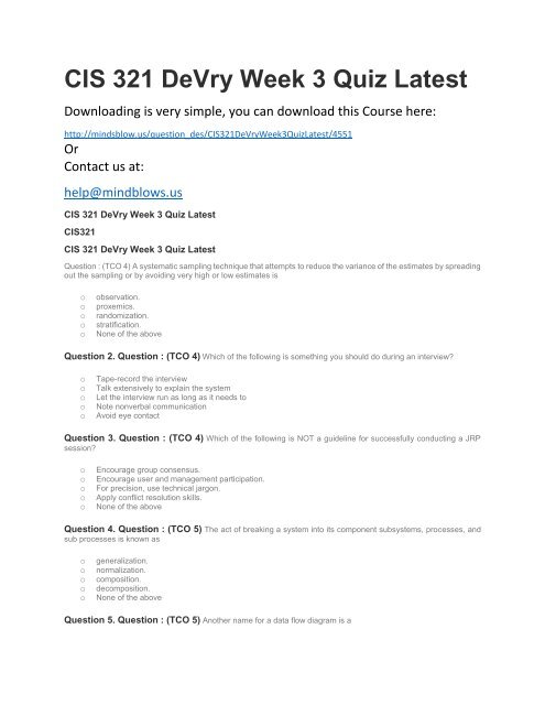 CIS 321 DeVry Week 3 Quiz Latest