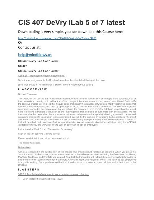 CIS 407 DeVry iLab 5 of 7 Latest