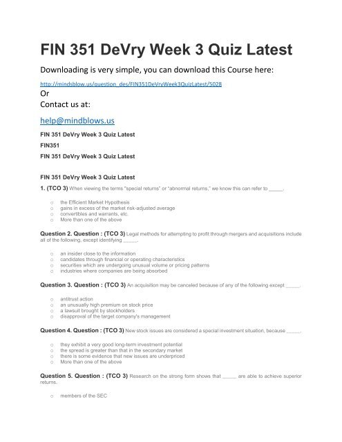 FIN 351 DeVry Week 3 Quiz Latest