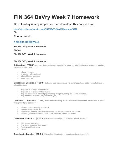 FIN 364 DeVry Week 7 Homework