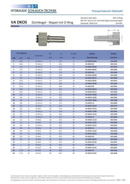 KATALOG Hydraulikschläuche, Armaturen und Zubehör