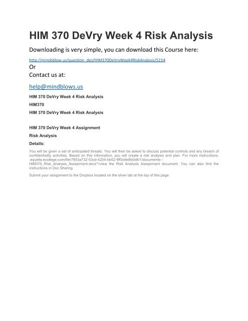 HIM 370 DeVry Week 4 Risk Analysis