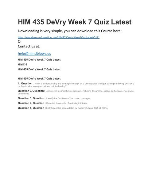 HIM 435 DeVry Week 7 Quiz Latest