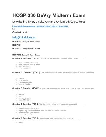 HOSP 330 DeVry Midterm Exam