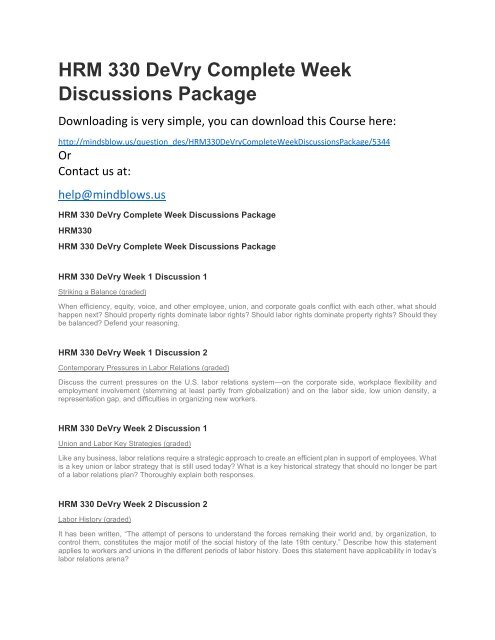 HRM 330 DeVry Complete Week Discussions Package