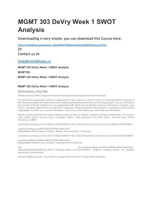 MGMT 303 DeVry Week 1 SWOT Analysis