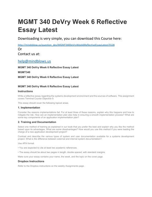 mgmt 340 devry week 6 reflective essay latest essay covers