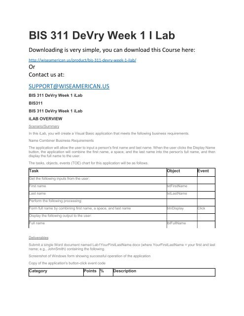 BIS 311 DeVry Week 1 I Lab