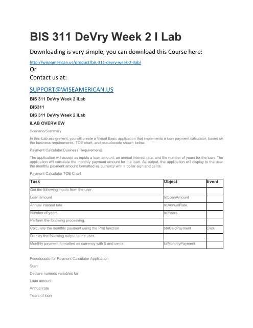 BIS 311 DeVry Week 2 I Lab