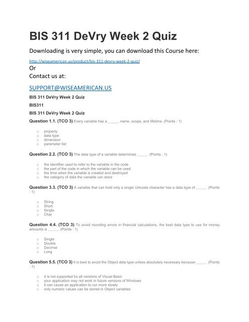 BIS 311 DeVry Week 2 Quiz