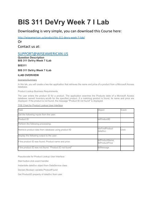 BIS 311 DeVry Week 7 I Lab
