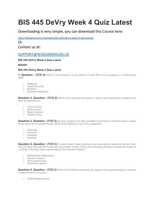 BIS 445 DeVry Week 4 Quiz Latest