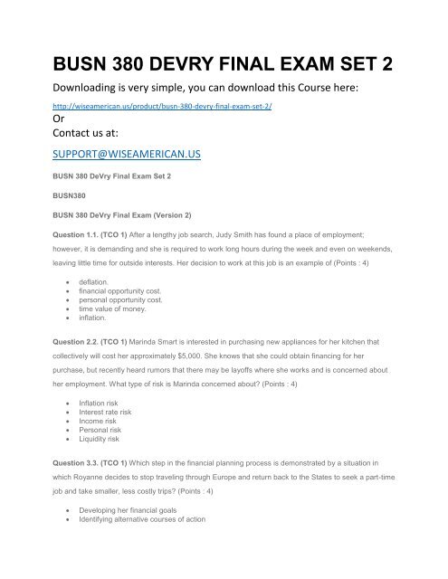 BUSN 380 DEVRY FINAL EXAM SET 2