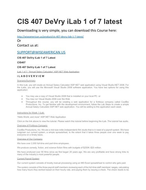 CIS 407 DeVry iLab 1 of 7 latest