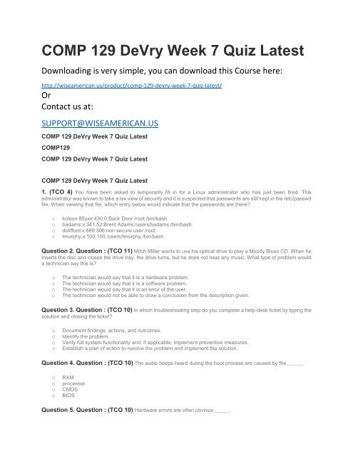Comp 129 Devry Week 7 Quiz Latest