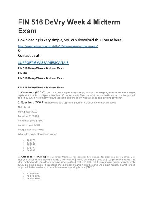 FIN 516 DeVry Week 4 Midterm Exam