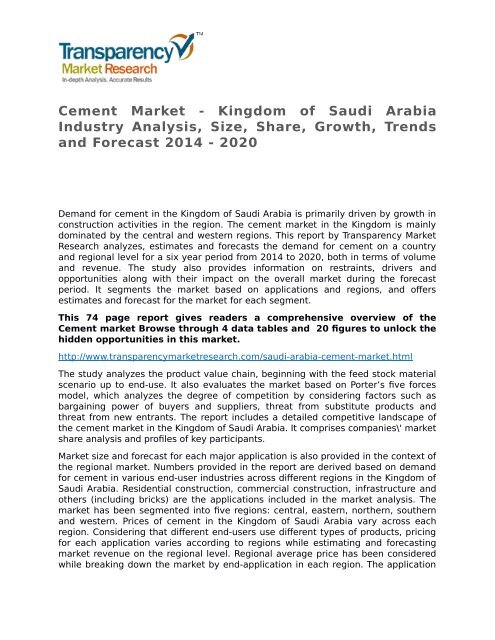 Cement Market - Kingdom of Saudi Arabia Industry Analysis, Size, Share, Growth, Trends and Forecast 2014 - 2020