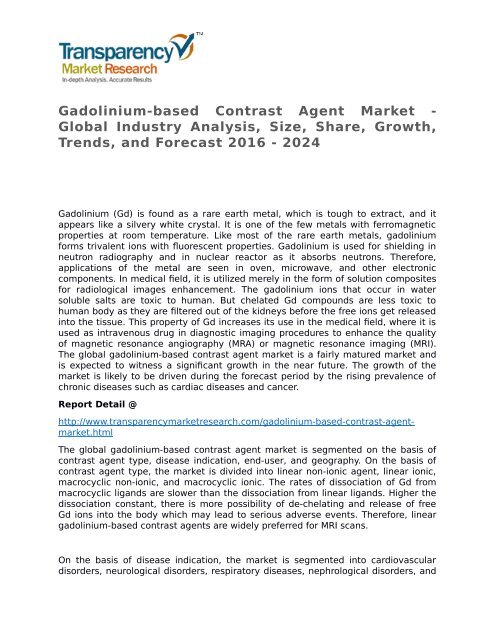 Gadolinium-based Contrast Agent Market - Global Industry Analysis, Size, Share, Growth, Trends, and Forecast 2016 - 2024