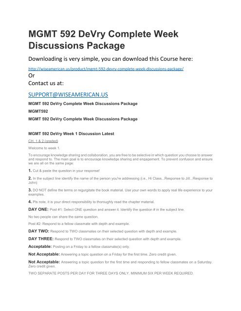MGMT 592 DeVry Complete Week Discussions Package