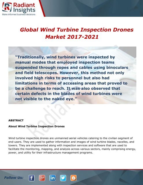 Global Wind Turbine Inspection Drones Industry Demand and Forecast Report To 2017-2021