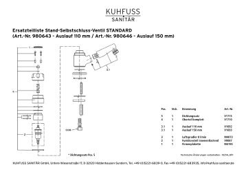 Ersatzteilliste Stand-Selbstschluss-Ventil STANDARD (Art.-Nr ...