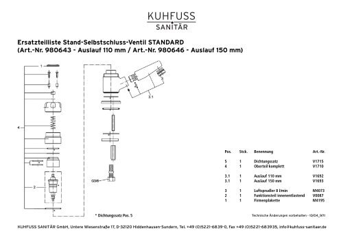 Ersatzteilliste Stand-Selbstschluss-Ventil STANDARD (Art.-Nr ...