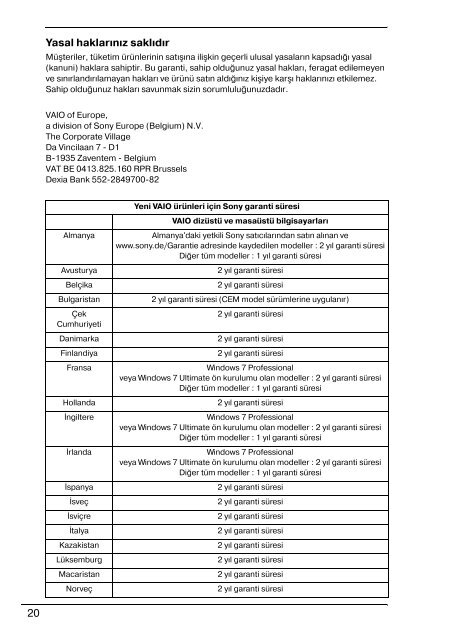 Sony VPCZ13V9R - VPCZ13V9R Documents de garantie Turc