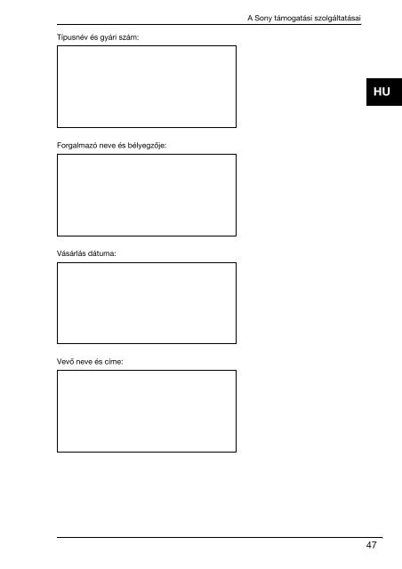 Sony VPCZ13V9R - VPCZ13V9R Documents de garantie Hongrois