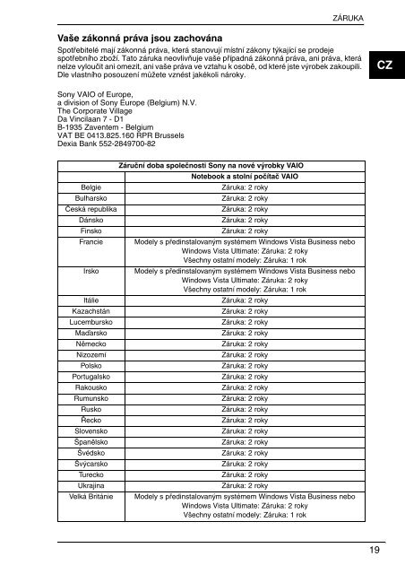 Sony VGN-AW3XRY - VGN-AW3XRY Documents de garantie Slovaque