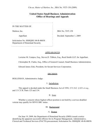 SDVOSB Appeal of Markon, Inc., SBA No. VET - U.S. Small ...