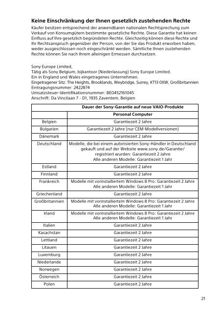 Sony SVF1521T2E - SVF1521T2E Documents de garantie Allemand