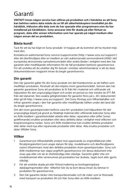 Sony SVF1521T2E - SVF1521T2E Documents de garantie Su&eacute;dois