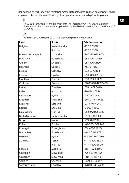 Sony SVF1521T2E - SVF1521T2E Documents de garantie Su&eacute;dois