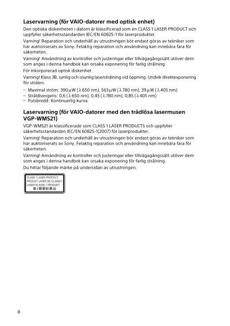 Sony SVF1521T2E - SVF1521T2E Documents de garantie Su&eacute;dois