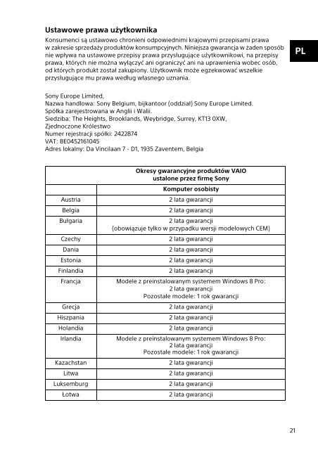 Sony SVP13213ST - SVP13213ST Documents de garantie Polonais