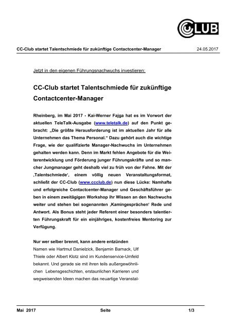 Pressemeldung CCClub Talentschmiede_24052017