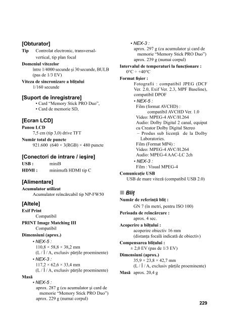 Sony NEX-5K - NEX-5K Mode d'emploi Roumain