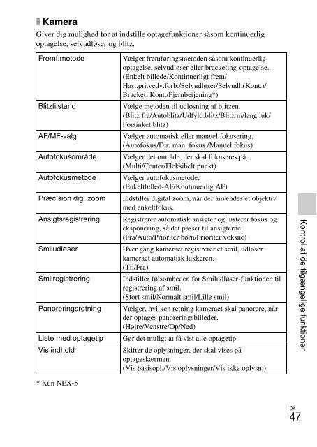 Sony NEX-5K - NEX-5K Mode d'emploi Danois