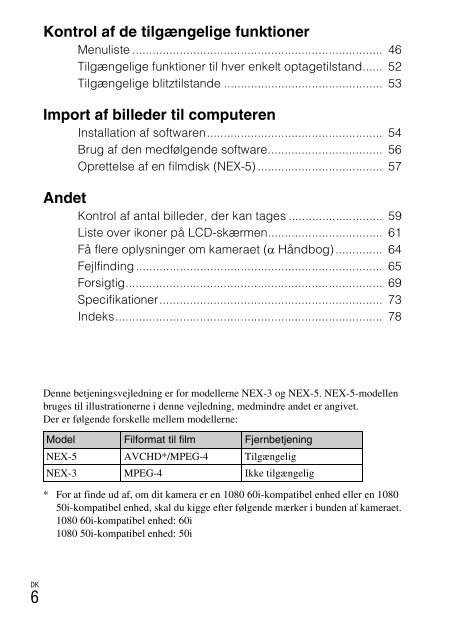 Sony NEX-5K - NEX-5K Mode d'emploi Danois