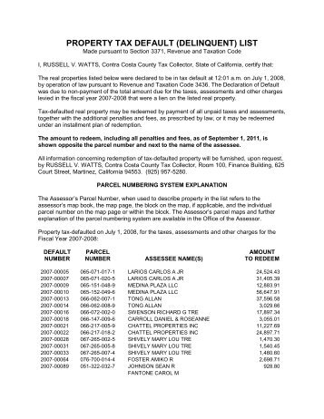 property tax default (delinquent) list - Contra Costa County