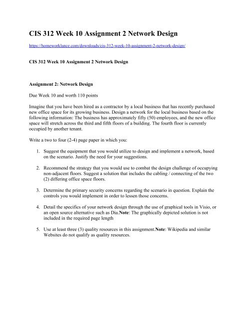 Cis 312 Week 10 Assignment 2 Network Design