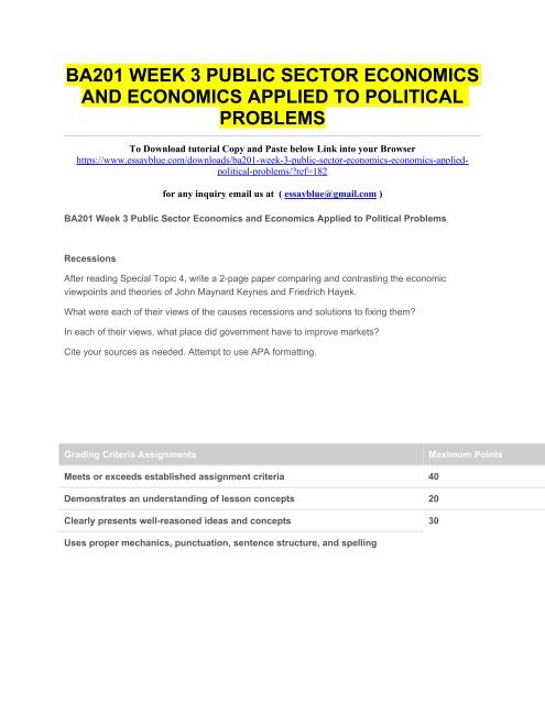 BA201 WEEK 3 PUBLIC SECTOR ECONOMICS AND ECONOMICS APPLIED TO POLITICAL PROBLEMS