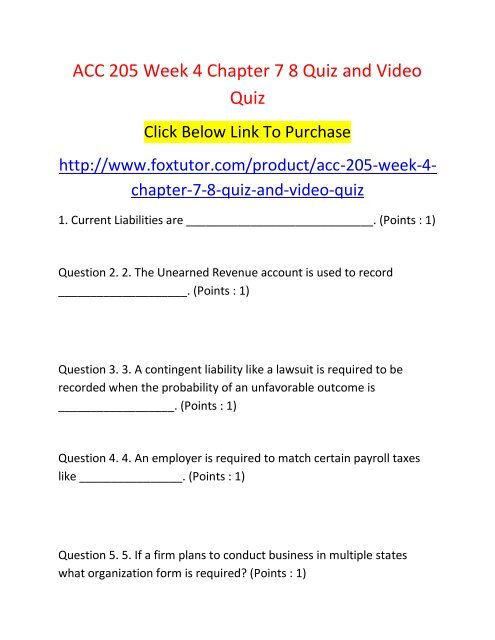 ACC 205 Week 4 Chapter 7 8 Quiz and Video Quiz