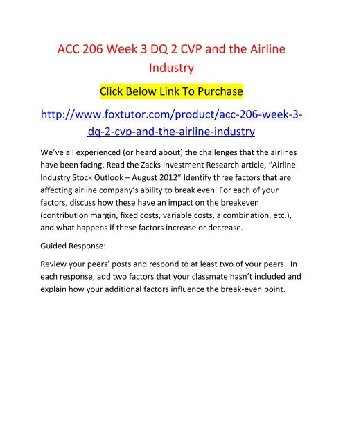 ACC 206 Week 3 DQ 2 CVP and the Airline Industry